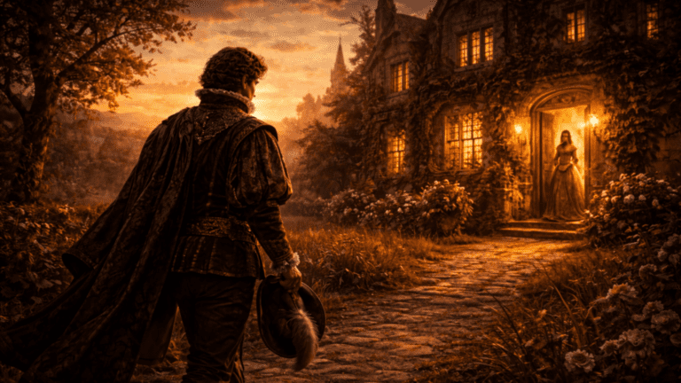 Renaissance scene of a traveler walking toward a warmly lit manor where a beloved waits at the doorway, symbolizing return and loyalty in Shakespeare’s Sonnet 109.