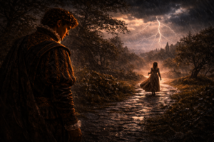 Renaissance scene of a lone poet standing beneath a stormy sky as a distant beloved walks away along a wet path, symbolizing impending loss in Shakespeare’s Sonnet 90.