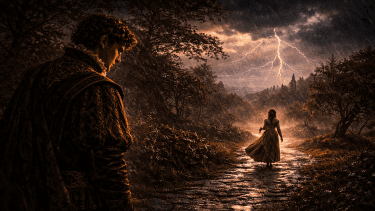 Renaissance scene of a lone poet standing beneath a stormy sky as a distant beloved walks away along a wet path, symbolizing impending loss in Shakespeare’s Sonnet 90.