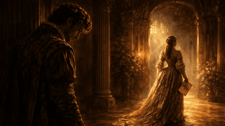 Renaissance scene of a poet standing in shadow while a beloved departs holding a parchment contract, symbolizing lost love and unworthiness in Shakespeare’s Sonnet 87.