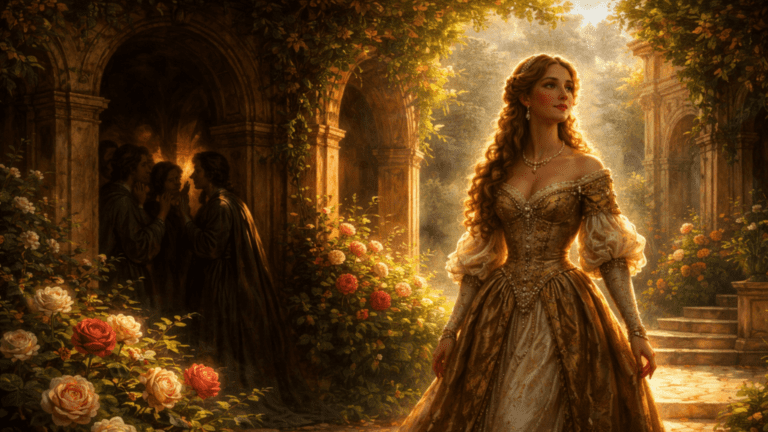 Renaissance garden scene of a radiant noble figure surrounded by shadowy whispering figures, symbolizing beauty attracting envy and slander in Shakespeare’s Sonnet 70.