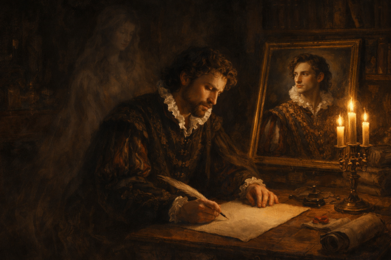 A Renaissance-style scene of a poet at a desk with a faint Muse behind him and a glowing portrait nearby, symbolizing inspiration, silence, and the preservation of beauty in Sonnet 101.