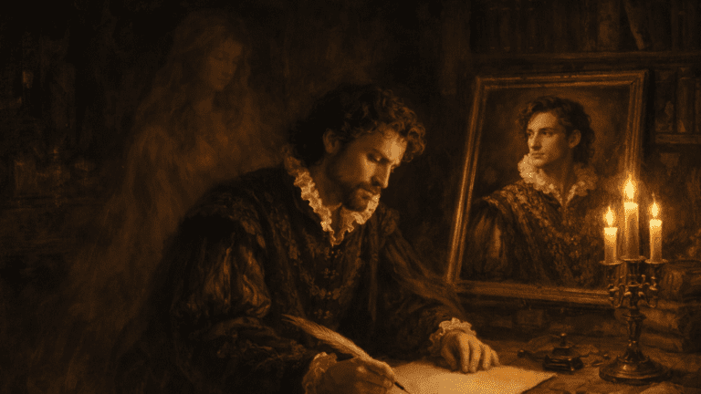 A Renaissance-style scene of a poet at a desk with a faint Muse behind him and a glowing portrait nearby, symbolizing inspiration, silence, and the preservation of beauty in Sonnet 101.