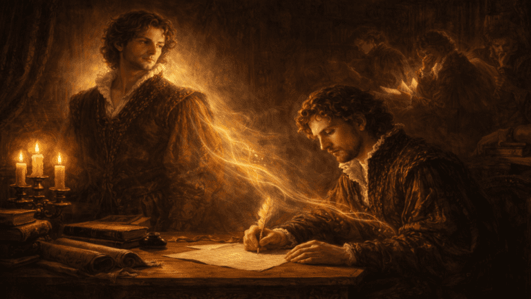 A Renaissance-style scene of a poet writing while a radiant young nobleman inspires him, with shadowy rival poets in the background, symbolizing creative inspiration in Sonnet 78.