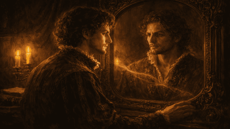 A Renaissance-style scene of a young nobleman looking into a mirror where his reflection appears aged or flawed, symbolizing self-love and self-deception in Sonnet 62.