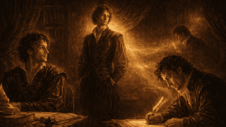 A Renaissance-style scene of two poets drawing inspiration from the same radiant young nobleman, symbolizing shared inspiration and rivalry in Sonnet 79.