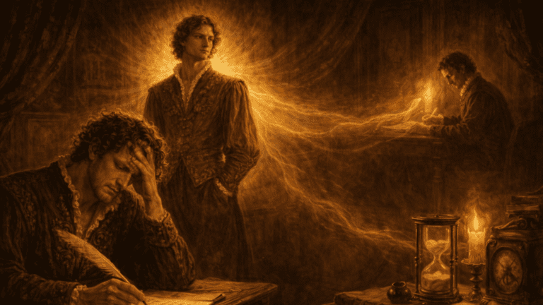 A Renaissance-style scene of a struggling poet and a confident rival both inspired by a radiant nobleman, symbolizing creative insecurity in Sonnet 80.