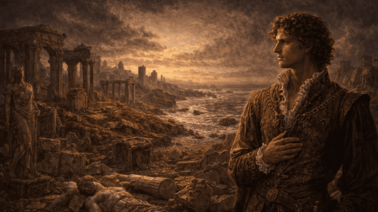 A Renaissance-style scene of a nobleman overlooking ruins and eroding landscape, symbolizing time’s destructive power in Sonnet 64.