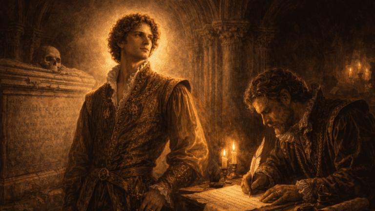 Cinematic Renaissance memorial scene symbolizing Shakespeare’s Sonnet 81: a naturally handsome young nobleman stands illuminated in soft, timeless light, appearing almost untouched by age, while nearby a weathered tomb or stone monument bears faint inscriptions. A poet sits at a wooden desk carving or writing words onto parchment, symbolizing the act of preserving the nobleman through verse. The nobleman’s figure appears more vivid and enduring than the fading stone, suggesting that poetry grants immortality beyond physical death. Subtle contrast between the permanence of written words and the decay of the monument. Rich Elizabethan setting, dramatic chiaroscuro lighting, painterly Renaissance style, highly detailed, 16:9 (1024x576), no text.
