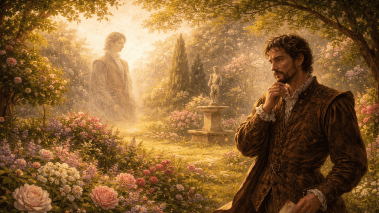 A Renaissance-style spring garden with a distant or absent nobleman, symbolizing beauty that feels incomplete due to absence in Sonnet 98.