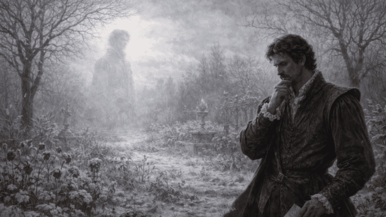 A Renaissance-style winter garden with a distant or absent nobleman, symbolizing emotional cold and absence in Sonnet 97.