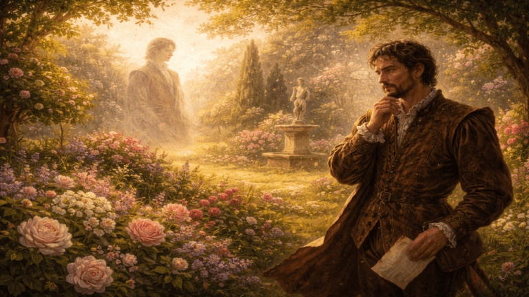 A Renaissance-style scene of two poets sharing inspiration from the same nobleman, symbolizing rivalry and acceptance in Sonnet 82.