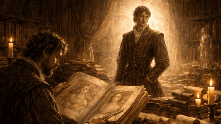 A Renaissance-style study filled with old manuscripts depicting past beauties, contrasted with a vivid nobleman, symbolizing timeless beauty in Sonnet 106.