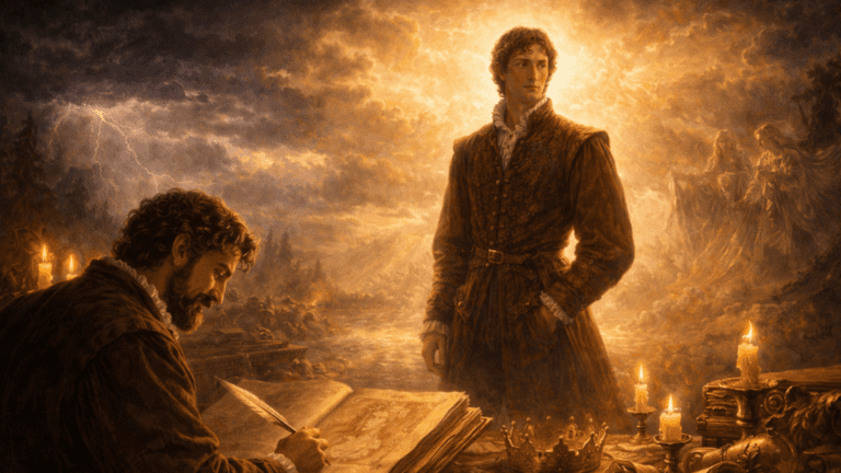 A Renaissance-style scene of a calm nobleman in golden light as a storm fades behind him, symbolizing survival, enduring love, and poetry outlasting fear in Sonnet 107.