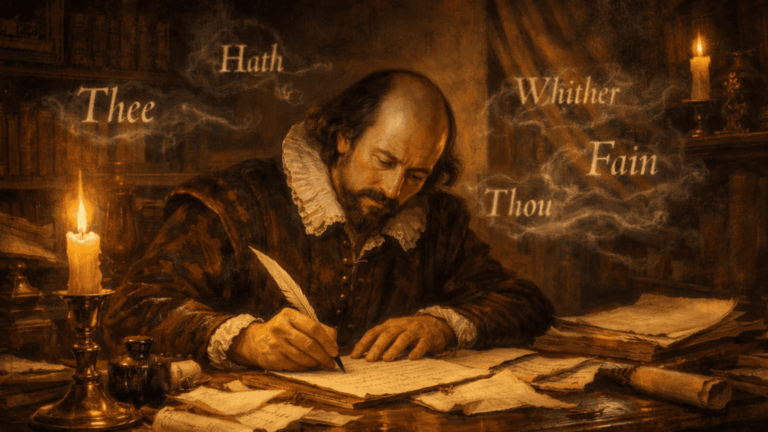 William Shakespeare writing in a candlelit study surrounded by floating archaic words and manuscripts