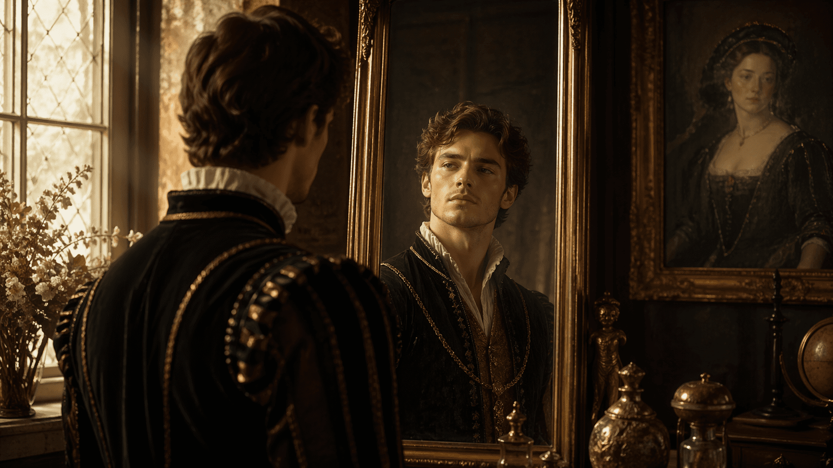 A young Elizabethan nobleman studies his reflection in a tall mirror inside a softly lit chamber, with a faded portrait in the background symbolizing youth, beauty, and legacy in Shakespeare’s Sonnet 3.