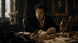 Sonnet 4: Unthrifty Loveliness, Why Dost Thou Spend 2 A young Elizabethan nobleman sits at a table with gold coins, ledgers, and a mirror, reflecting the themes of beauty, inheritance, and wasted legacy in Shakespeare’s Sonnet 4.