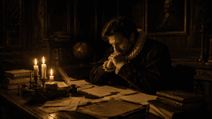 Sonnet 30: When to the Sessions of Sweet Silent Thought 2 Solitary Elizabethan man seated at a candlelit writing desk late at night, surrounded by books and scattered letters in a dark paneled room.