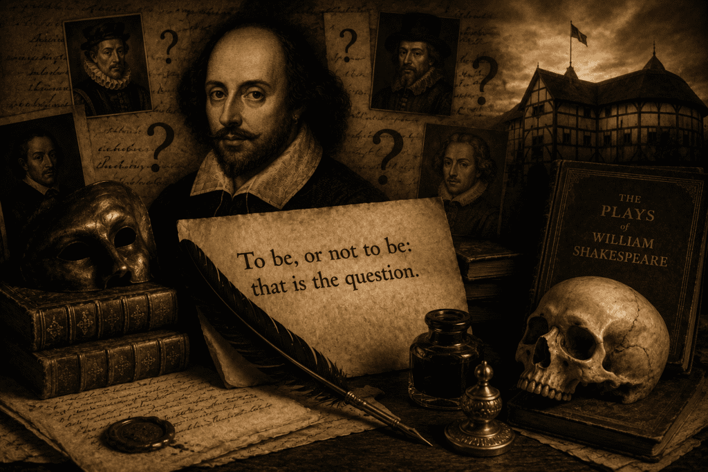 Renaissance-style collage of William Shakespeare, rival author portraits, manuscripts, books, masks, and question marks, symbolizing the Shakespeare authorship debate.